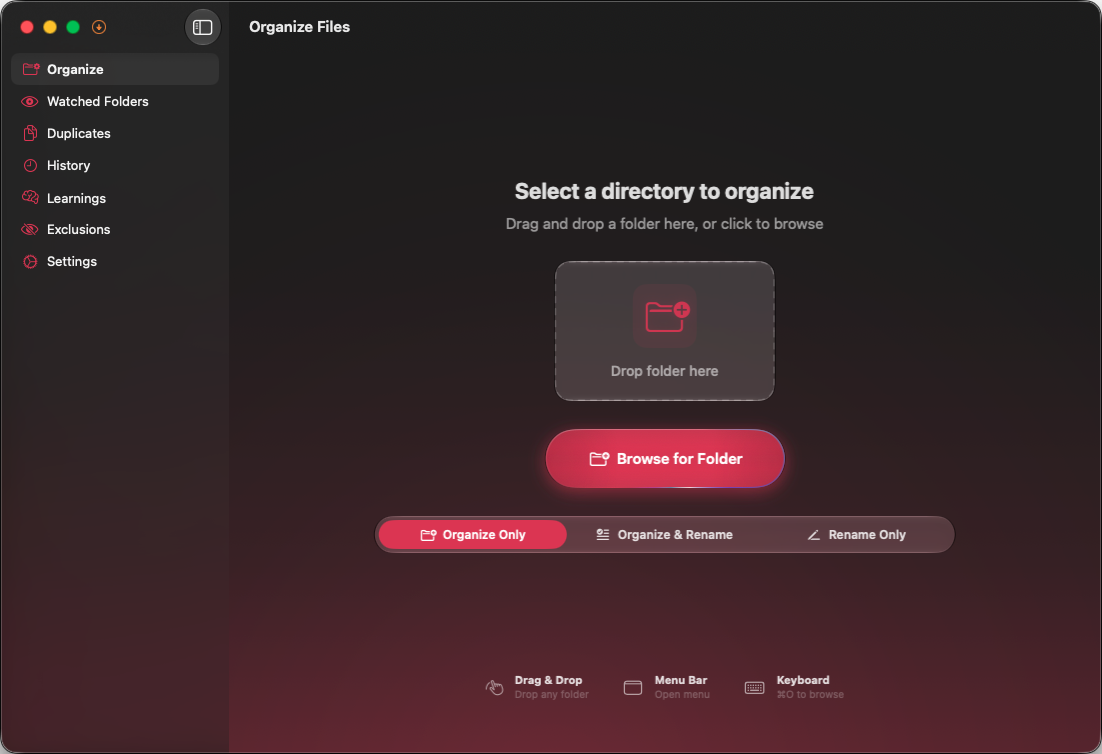 The Sorty app prompting the user to select a directory to organize.