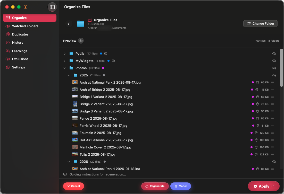 Sorty apply screen showing proposed file moves ready for review.