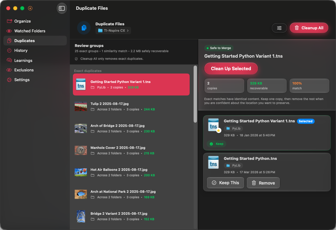 Sorty duplicates screen showing duplicate file review controls.
