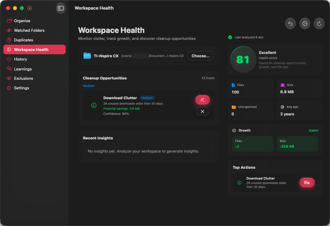 Sorty workspace health screen showing folder health insights.